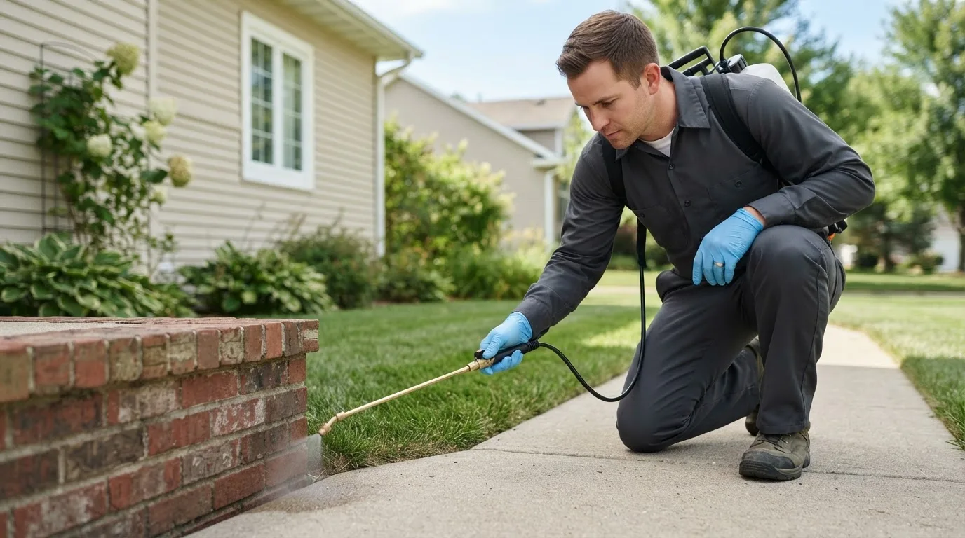 Pest control technician treating a home near Cottonwood Falls, KS